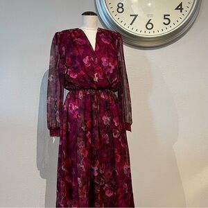 Vintage Deep Pink and Purple Floral Long Sleeve Dress